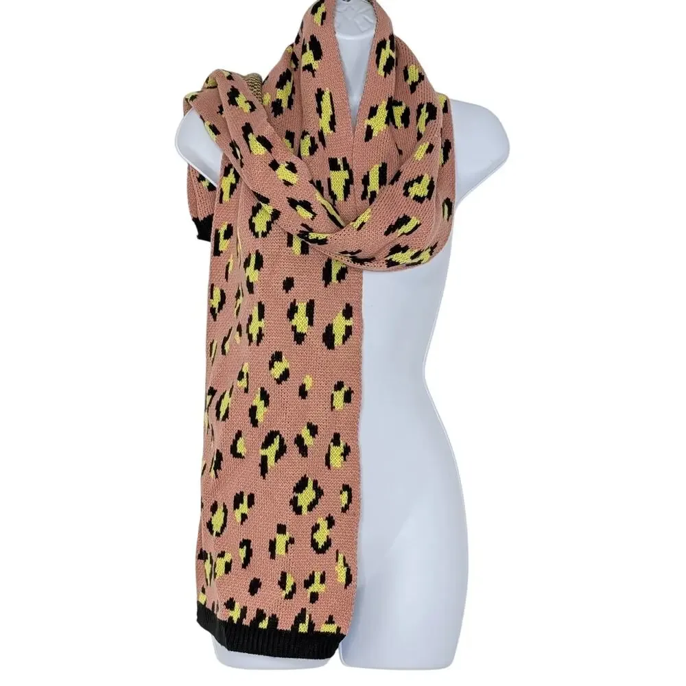 French Connection Leopard Print Knit Scarf In Pink Yellow Black NEW